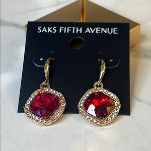 Saks Fifth Avenue Gold Earrings with Red Gemstones